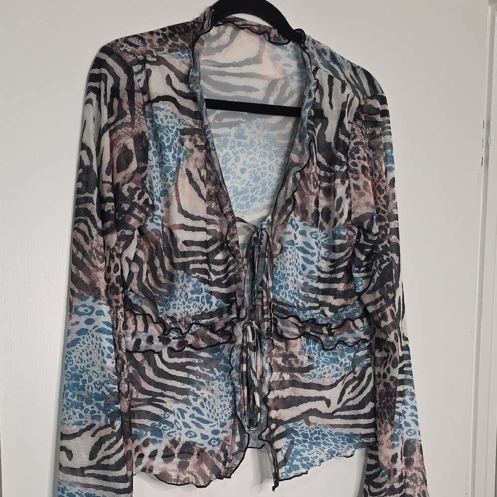 Source Unknown Blue and Brown Sheer Animal Print Blouse - Picture 2 of 4